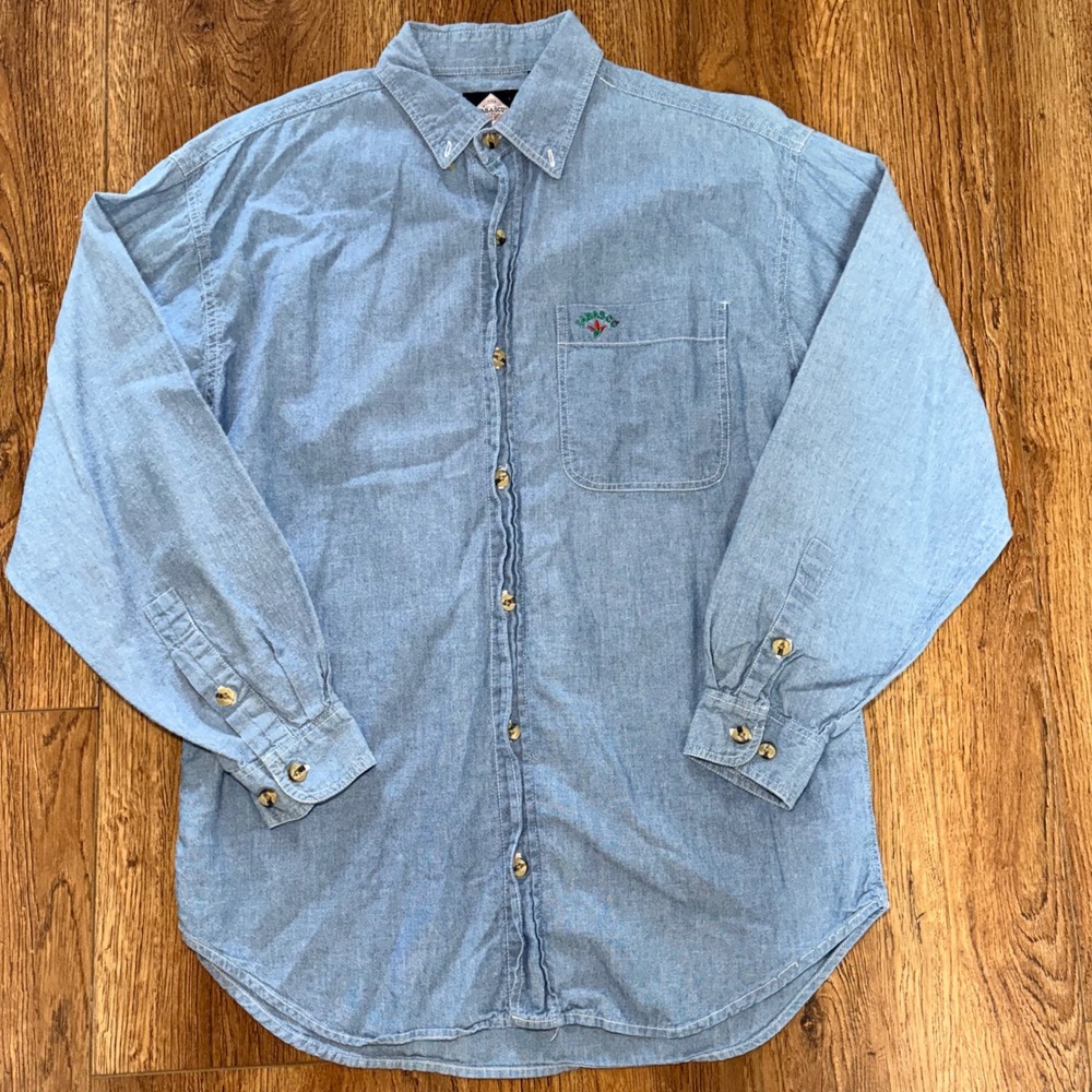 90s Tabasco Mens M Denim Button Down Shirt Blue Long Sleeve Rare Lightweight VTG